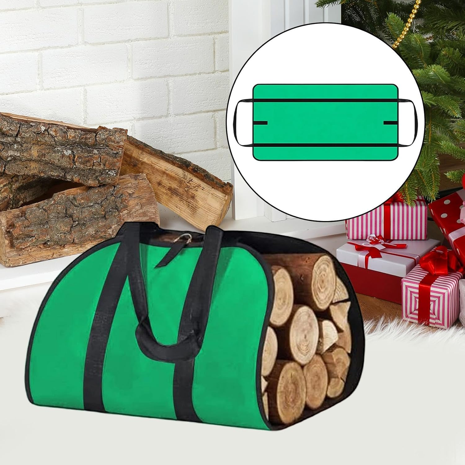 B Baosity Firewood Log Carrier Tote Firewood Storage Bag with Handles Carrying Log Storage Tote for Camping Backpacking Outdoor Travel, Green image number 1