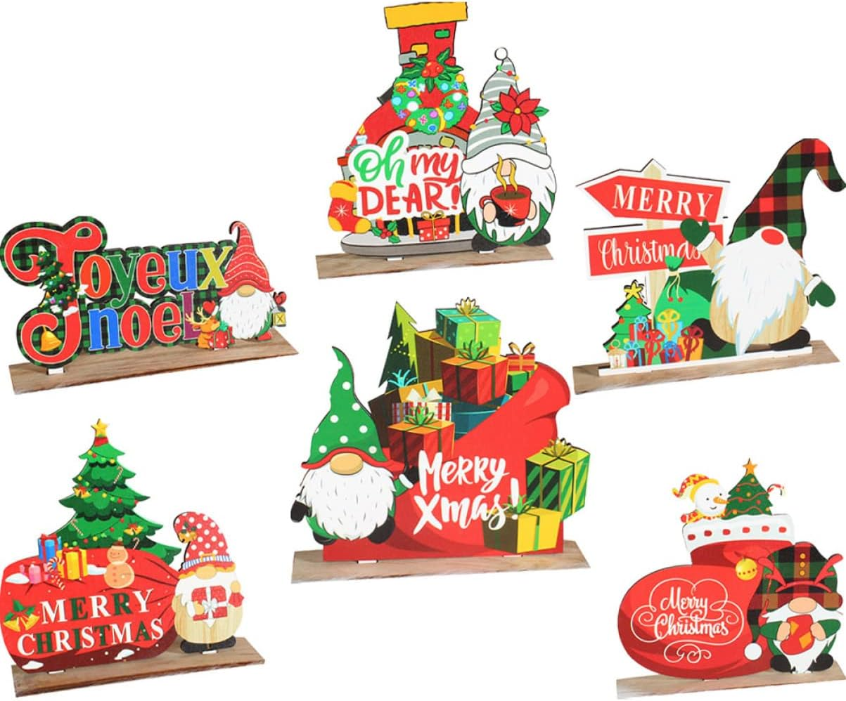 6Pcs Adorable Gnome Decorative Christmas Decors Wooden Ornaments Cartoon Desk Crafts Home Accessory Compact Xmas Decor for Table Display image number 1