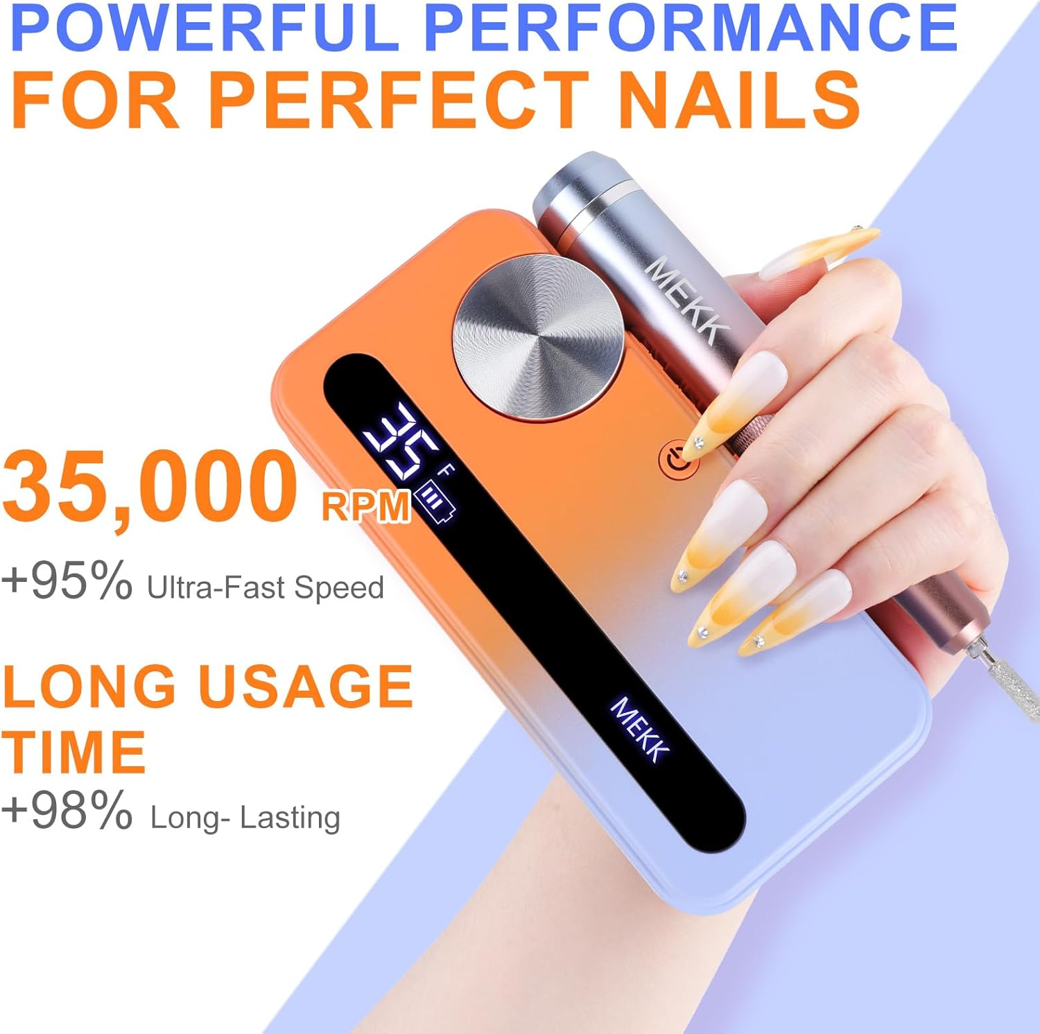 MEKK Nail Drill Kit,35000Rpm Electric Nail Drill Professional Electric Nail File with 12PCS Bits,Anti-Shaking Cordless E Filer for Nails,Home & Salon(Orange Blue) - A-Orange image number 7
