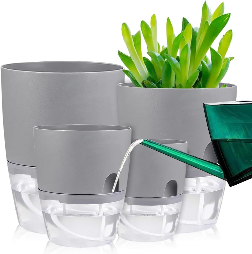 Self Watering Planter Pots for Indoor Plants, 3 Pack African Violet Pots, Succulents, Herbs with Wick Rope (Grey, 13.8X10.5Cm)