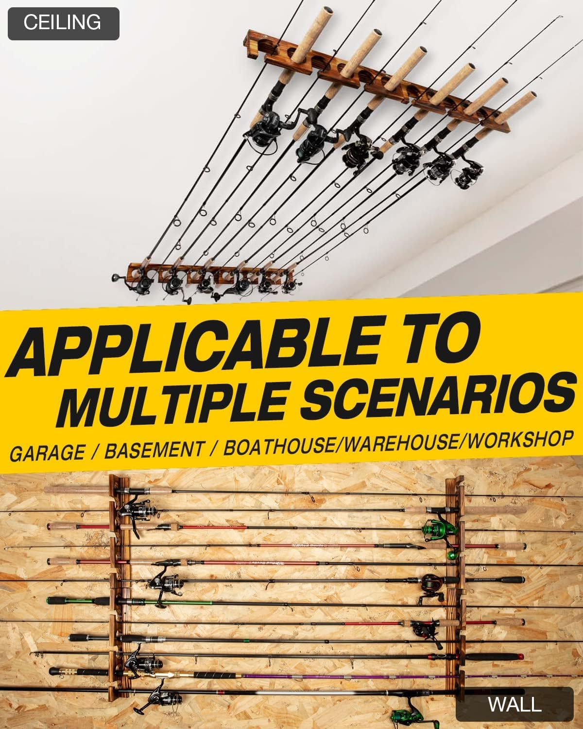 Ghosthorn 4 Sets Holds up to 24 Rods Fishing Pole Rod Racks Wall or Ceiling Mounted Fishing Rod Holders for Garage Storage Organizer Fishing Gear Equipment Gifts for Men Women image number 2