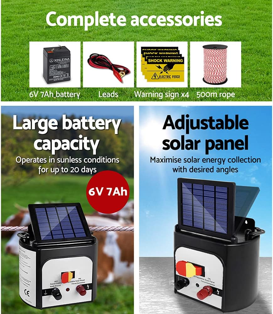 Giantz Fence Energiser 8Km Solar Energizer Charger Electric Wire, Fencing Equipment, 0.3J Discharge Energy Lead Sealed Battery Panel 500M Polyrope 4Mm Width image number 1