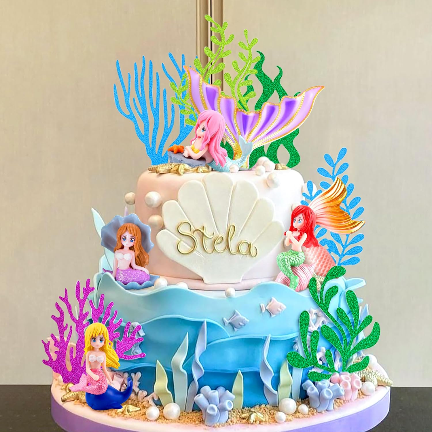 Jevenis Little Mermaid Cake Topper under the Sea Cake Decoration Seashell Cake Toppers Mermaid Tail Cake Topper Mermaid Party Supplies image number 5