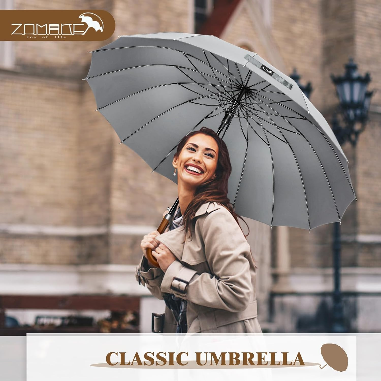 ZOMAKE Large Stick Golf Umbrella with Wood Hook Handle 16 Ribs - Automatic Open Classic Umbrellas Windproof Wooden Handle - Long Umbrella with J Hook,Curved Handle Umbrella Cane for Women Men - Purper image number 4