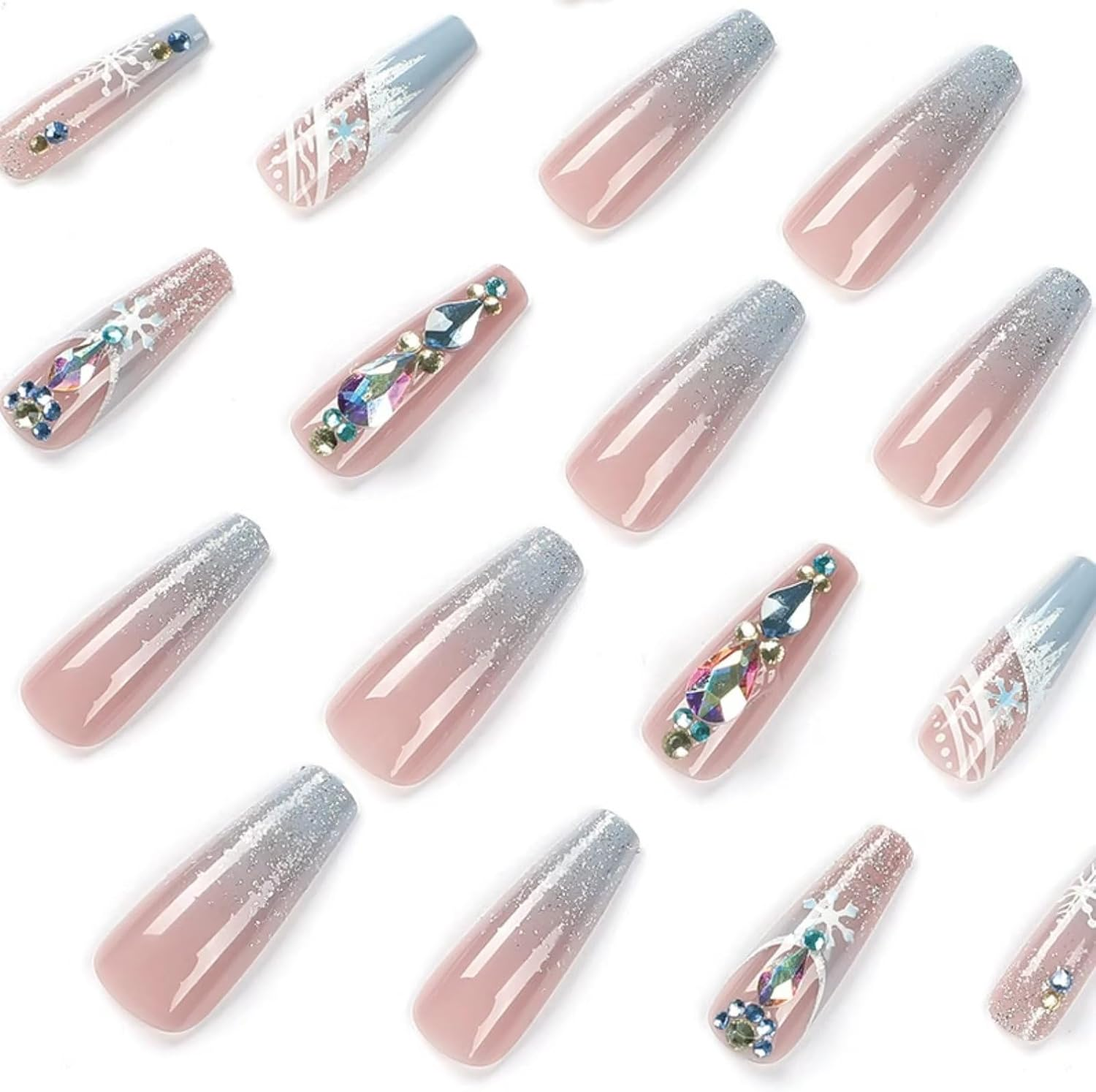 RUNRAYAY Extra Long Square Press on Nails, Christmas Blue Snowflake Press on Nails French, Fake Nails Full Cover for Women, 24 Pieces image number 3