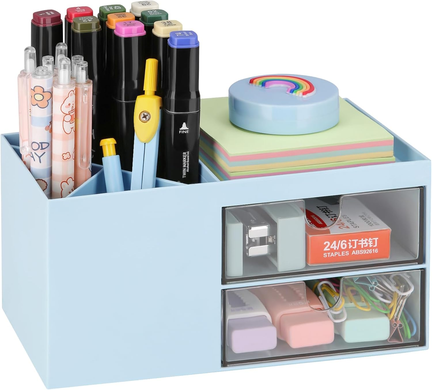 LETURE Office Desk Organizer with Drawer, Office Supplies and Desk Accessories, Business Card/Pen/Pencil/Mobile Phone/Stationery Holder Storage Box (White)