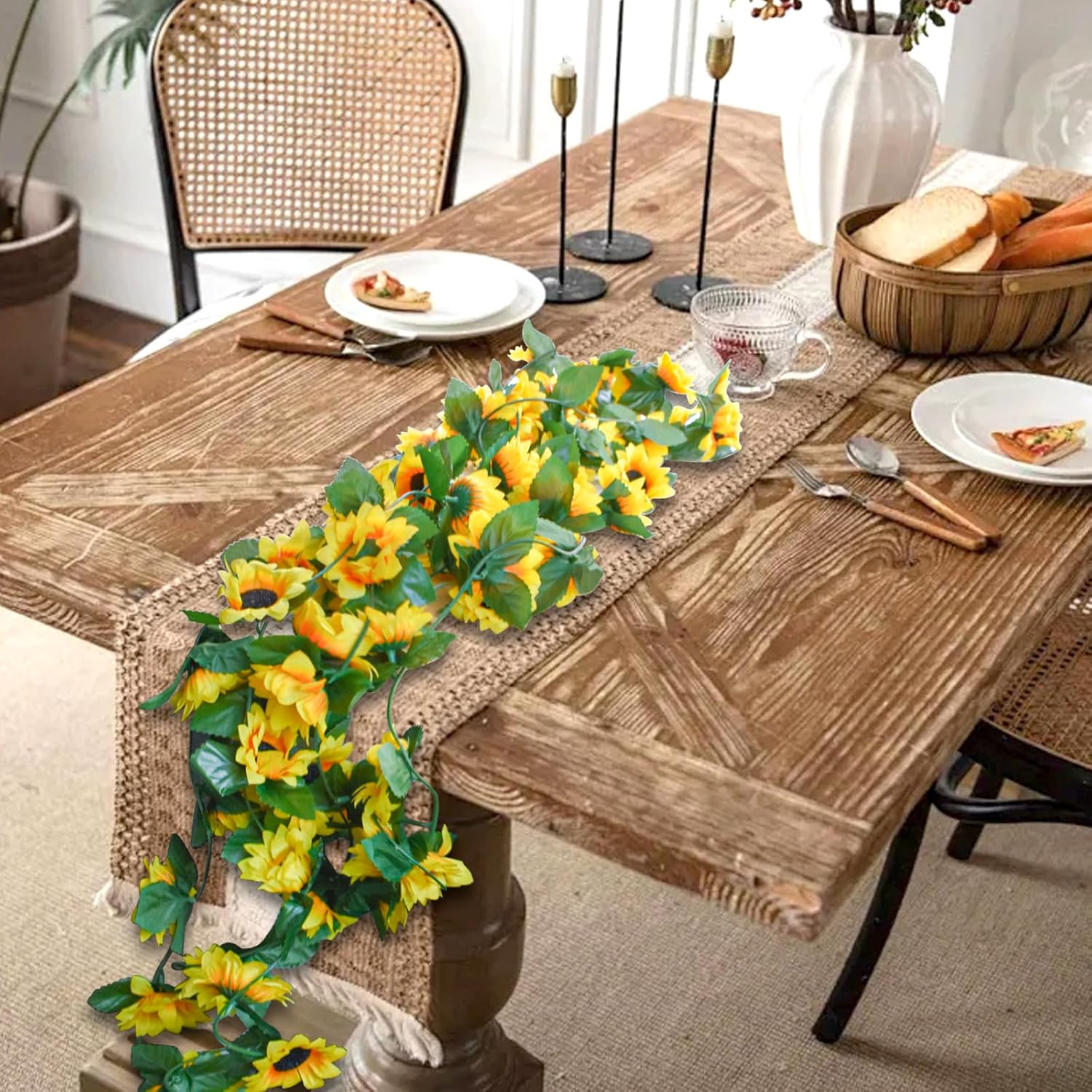 Bacucine 6Pcs Artificial Sunflower Garland 7.5Ft Silk Sunflower Hanging Vine Artificial Flowers with Green Leaves for Home Wedding Party Garden Table Decor image number 2