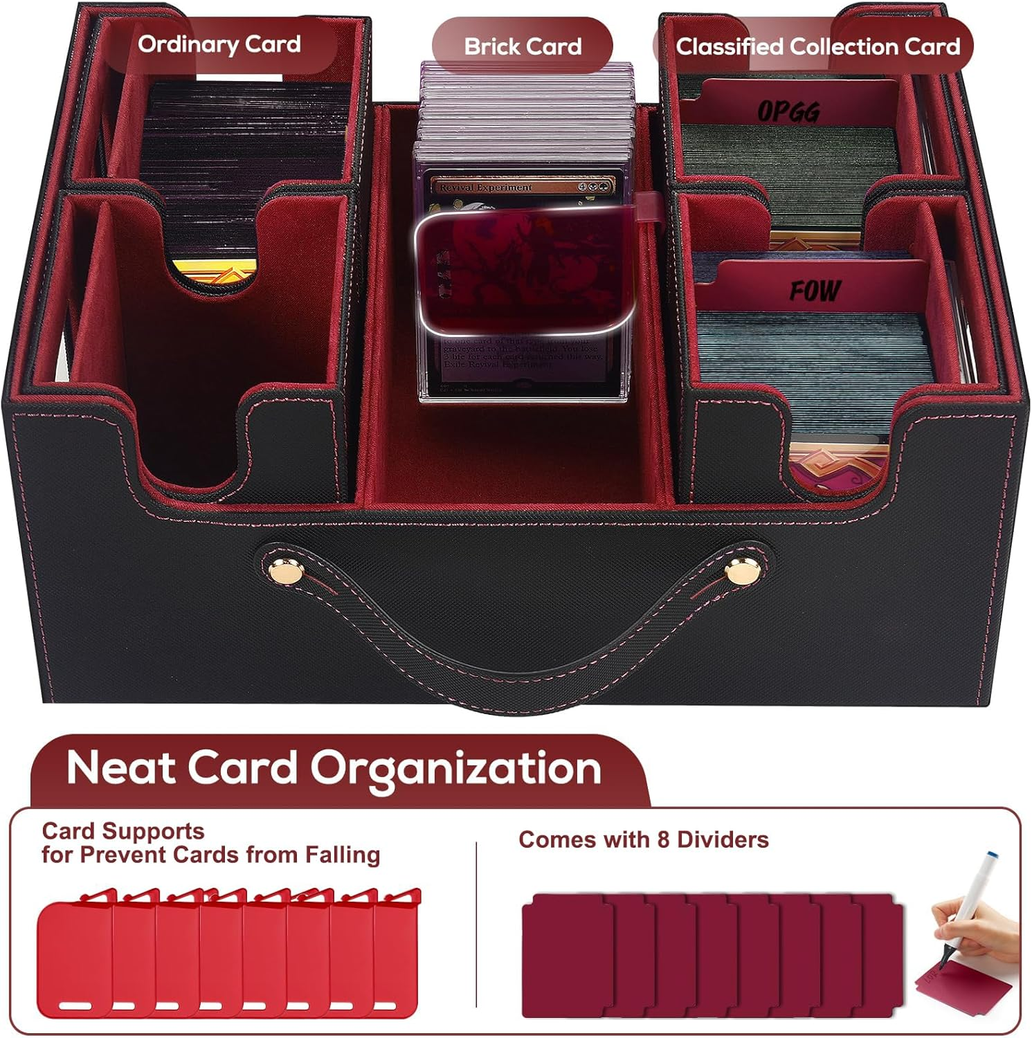 Cyperever Trading Card Storage Box for MTG, Card Storage Box with Commander Display, Multi-Purpose MTG Deck Box for Graded Storage with 4 Toploaders, 8 Stoppers, 8 Dividers (Black & Red) image number 6