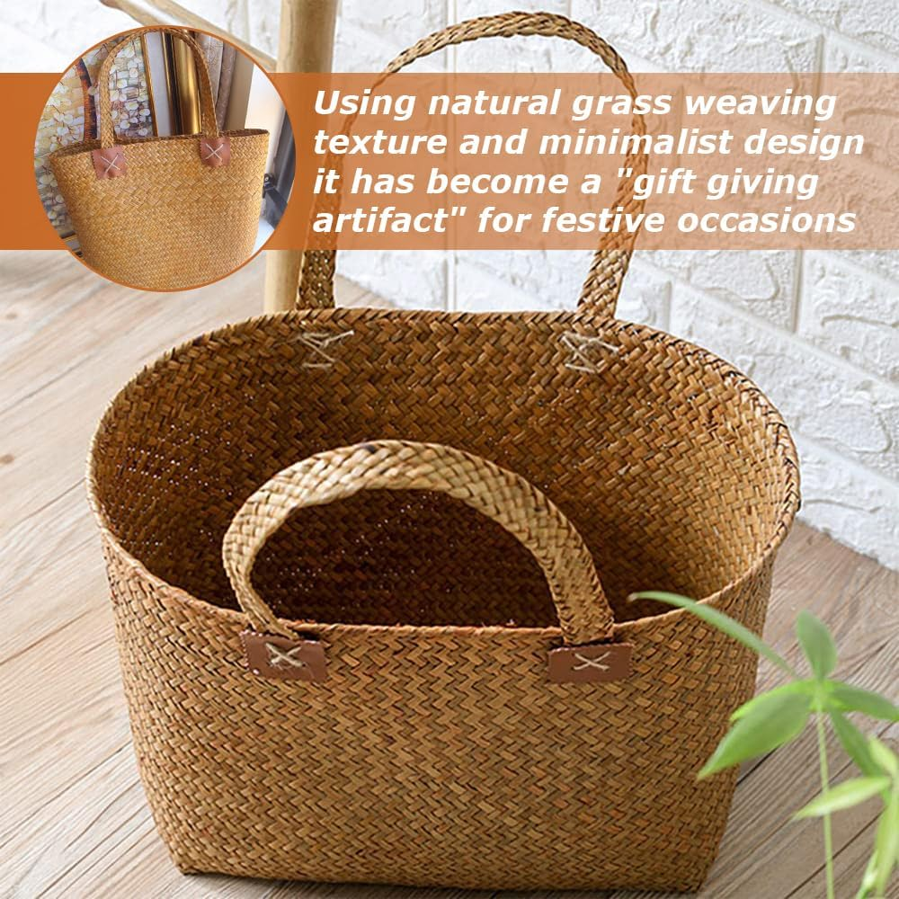 Handwoven Grass Storage Basket/Grocery Bag,Environmentally Friendly Shopping Bag Seagrass Tote,Basket for Decoration,Picnic, Groceries and Toy Storage image number 3