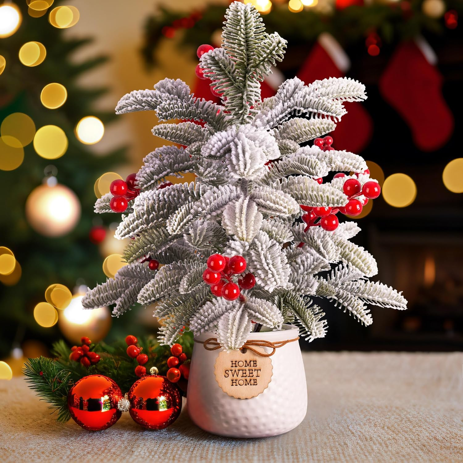 13 Inch Artificial White Christmas Tree with Lights Winter Indoor Tabletop Decor,Prelit Small Xmas Pine Tree and Realistic Berries Stems for Home Centerpiece Mantel Decor(White Basin) image number 3