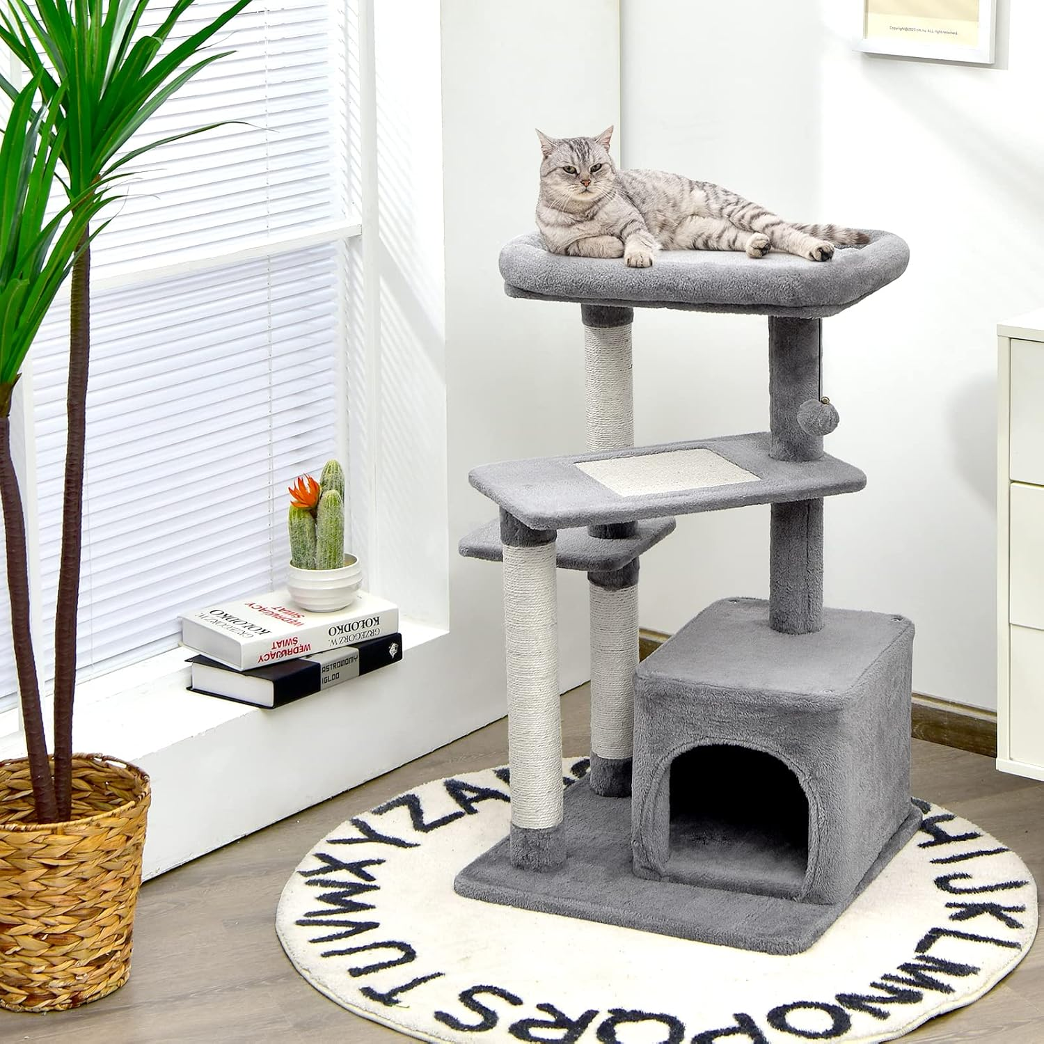 Costway Indoor Plush Cat Tree, Multilevel Cat Tower Condo with Flock, Hanging Toy, Scratching Sisal Posts, Cozy Perch, 4-Tier Cat Climbing Activity Center with Private Condo for Home and Office