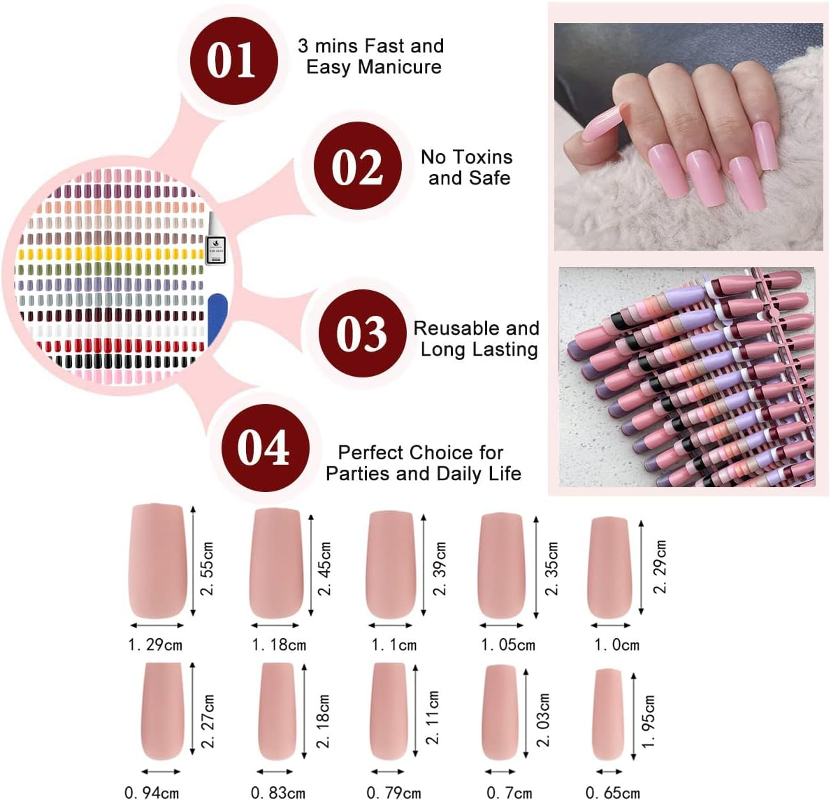 Hotolove 336Pcs Press on Nails Medium Length False Nail Tips-14 Colors Full Cover Artificial Ballerina Coffin Smooth Glossy Surface Press on Nails Kit with 7G Nail Glue and Nail File 14 Sizes Fake Nails for Women and Girls Nail DIY Manicure image number 5