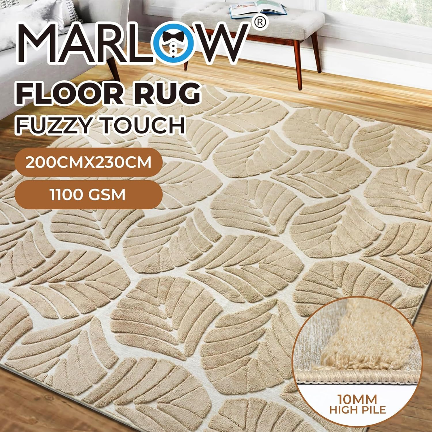 Marlow Area Rug 200 X 230Cm with Non-Slip Backing Durable Floor Carpet Mat for Living Room Bedroom Home Decor Polyester Large Fluffy Shaggy Embossed Rug 10Mm Pile Washable Carpet (Leaf Brown) image number 1
