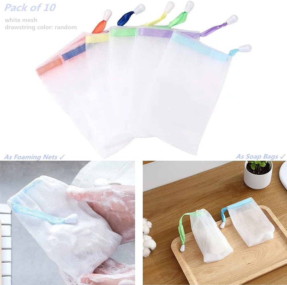 FULINJOY 10 PCS Exfoliating Mesh Soap Saver Pouch Bag Sack, Face Cleansing Foaming Nets, White Pouch with Drawstring (Color Random) image number 4