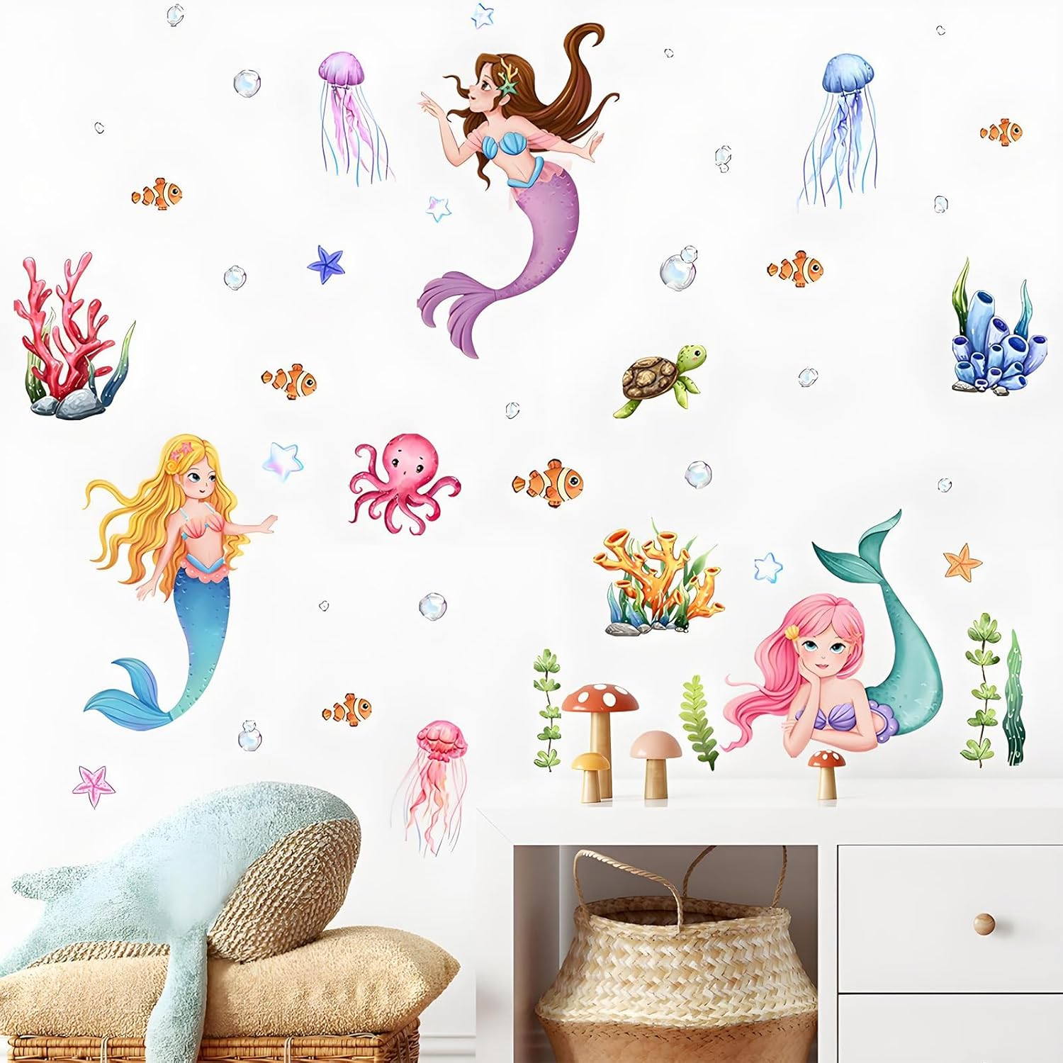 Mermaid Wall Sticker - Undersea World Princess Fish Ocean Theme for Girls Bedroom Baby Nursery Decor image number 6