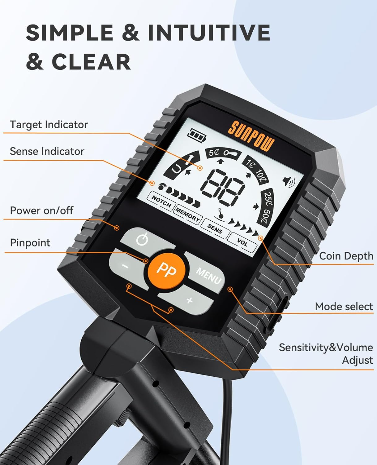 SUNPOW Metal Detector for Adults & Kids, Waterproof Metal Detector for Gold Detecting, Stable Anti-Interference, Big LCD Display, 4 Modes, IP68 Search Coil image number 3