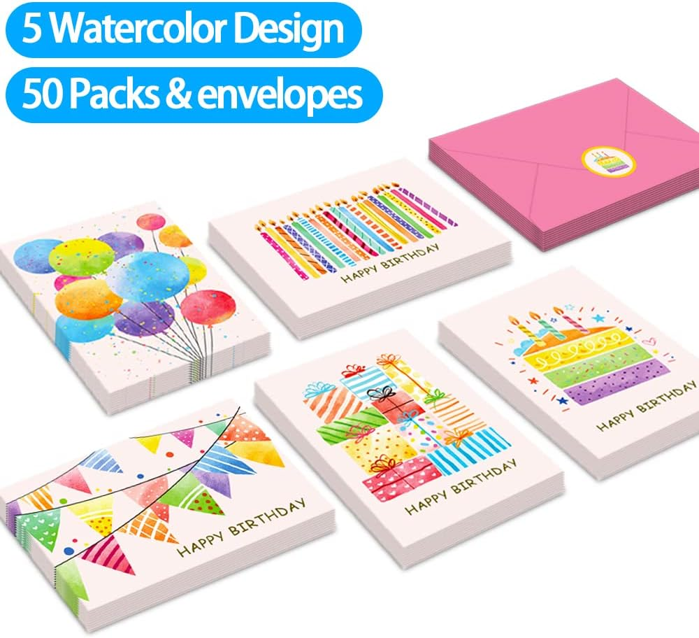 50 Pack Happy Birthday Cards with Envelopes, Watercolor Birthday Cards Assortment, Assorted Blank Birthday Cards Bulk with Envelopes & Stickers for Birthday Party