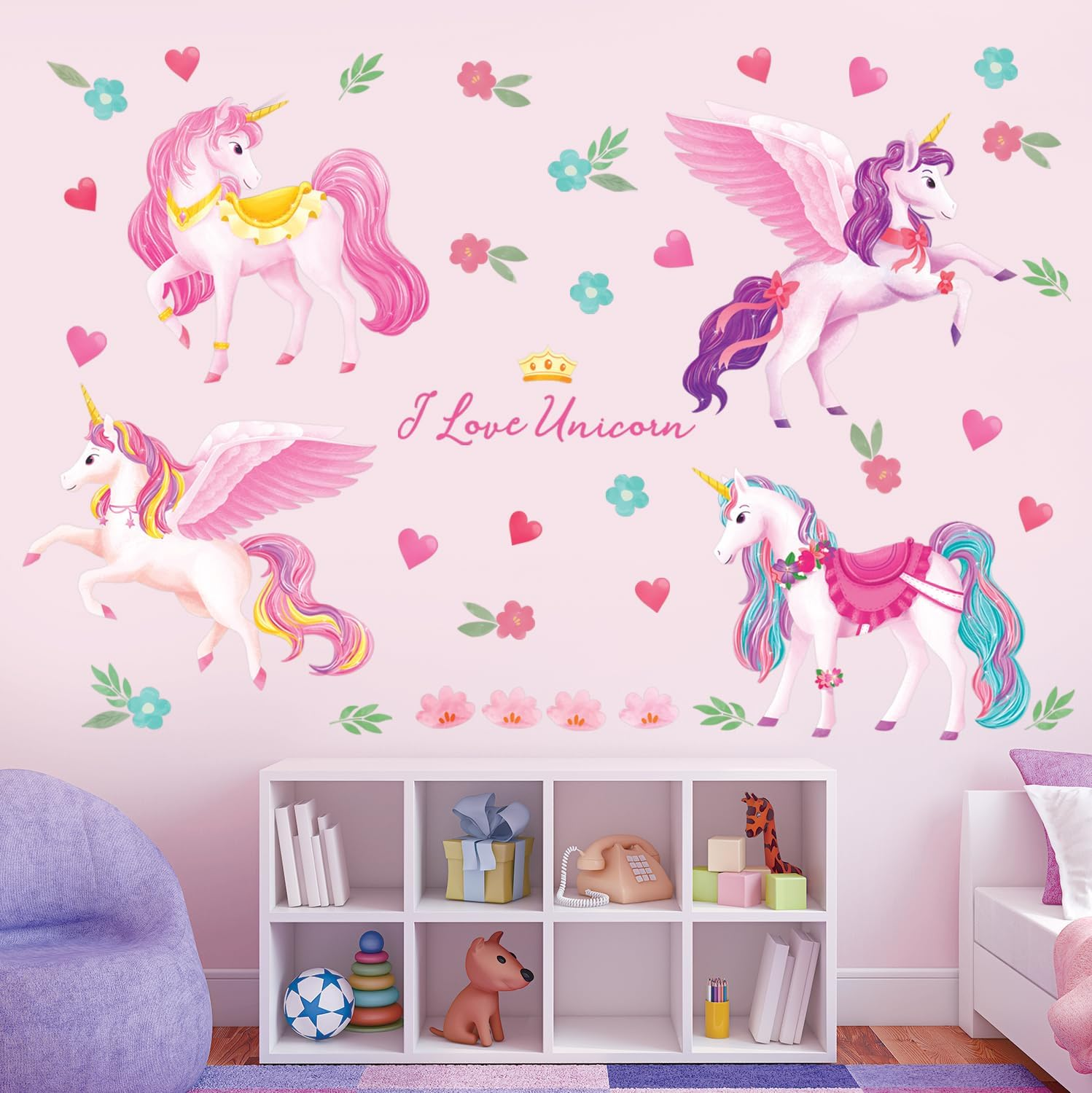 DECOWALL DS9-8072 Unicorns and Rainbow Wall Stickers Decals Kids Peel and Stick Removable Nursery D&eacute;cor Girls Boys Bedroom Room Rainbow Art Stars Birthday Baby Home Party Decorations Living Playroom
