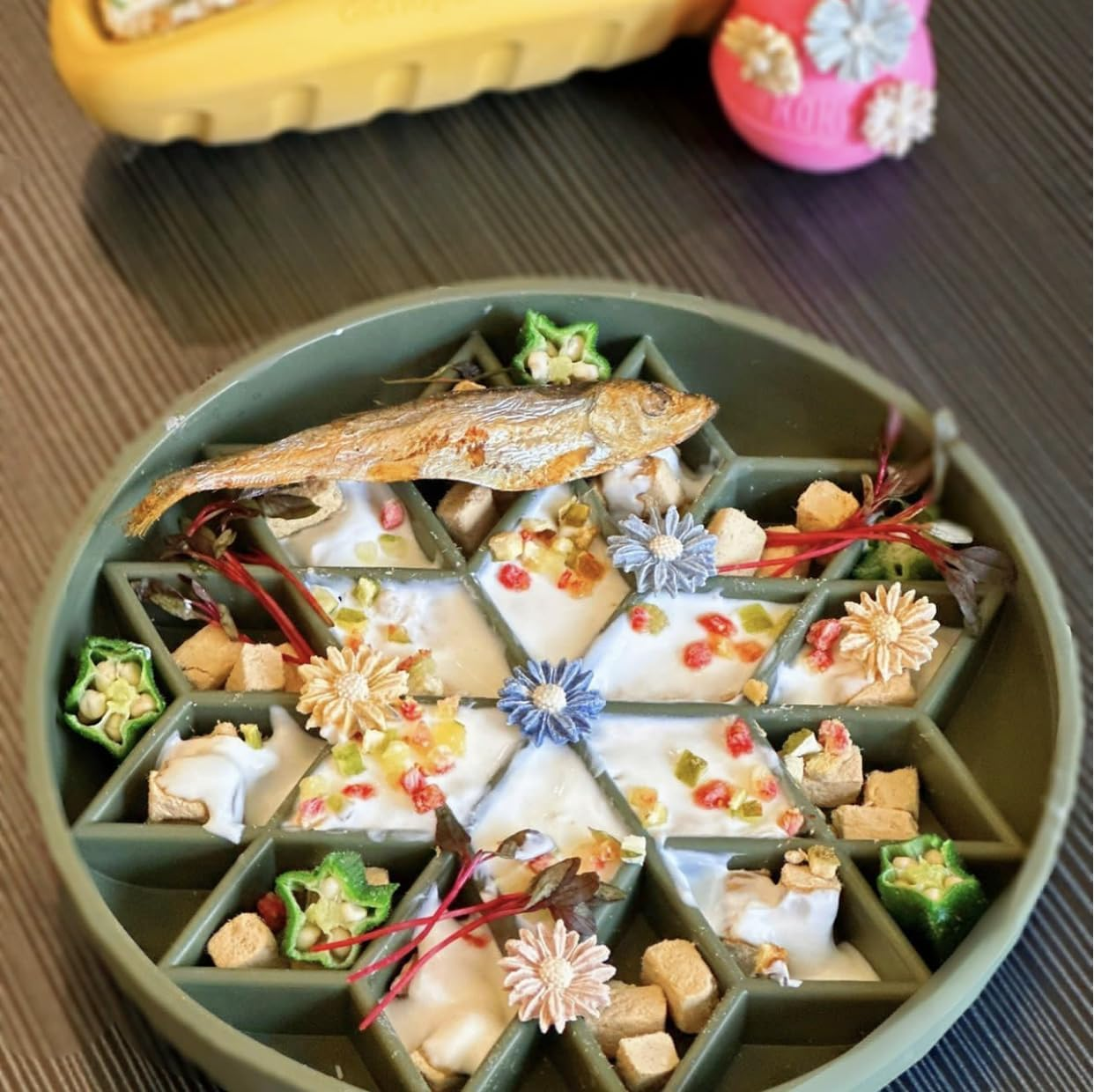 OHMO Slow Feeder Dog& Cat Bowl, Silicone Puppy Cat Food Bowl with Anti-Slip Suction Cup Slow down Small Dogs Eating, anti Choking (S-Diamond,Camo Green)