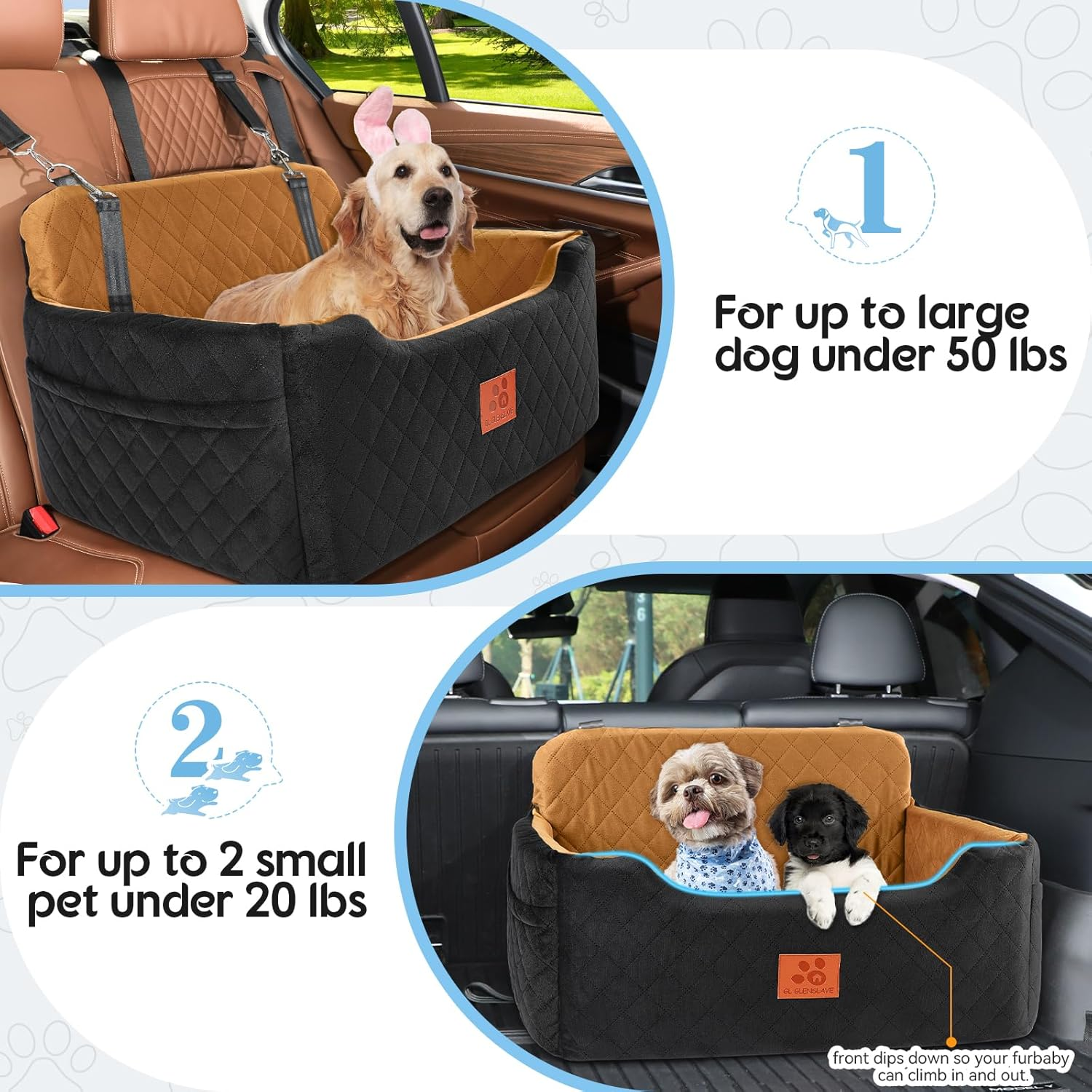 GL GLENSLAVE Dog Car Seat for Medium/Large Dogs, Dog Booster Seat for Dog under 50Lbs or 2 Small Dogs, Detachable and Washable Pet Car Seat, Multi-Functional Travel Dog Bed & Dog Sofa(Black/Brown) image number 6