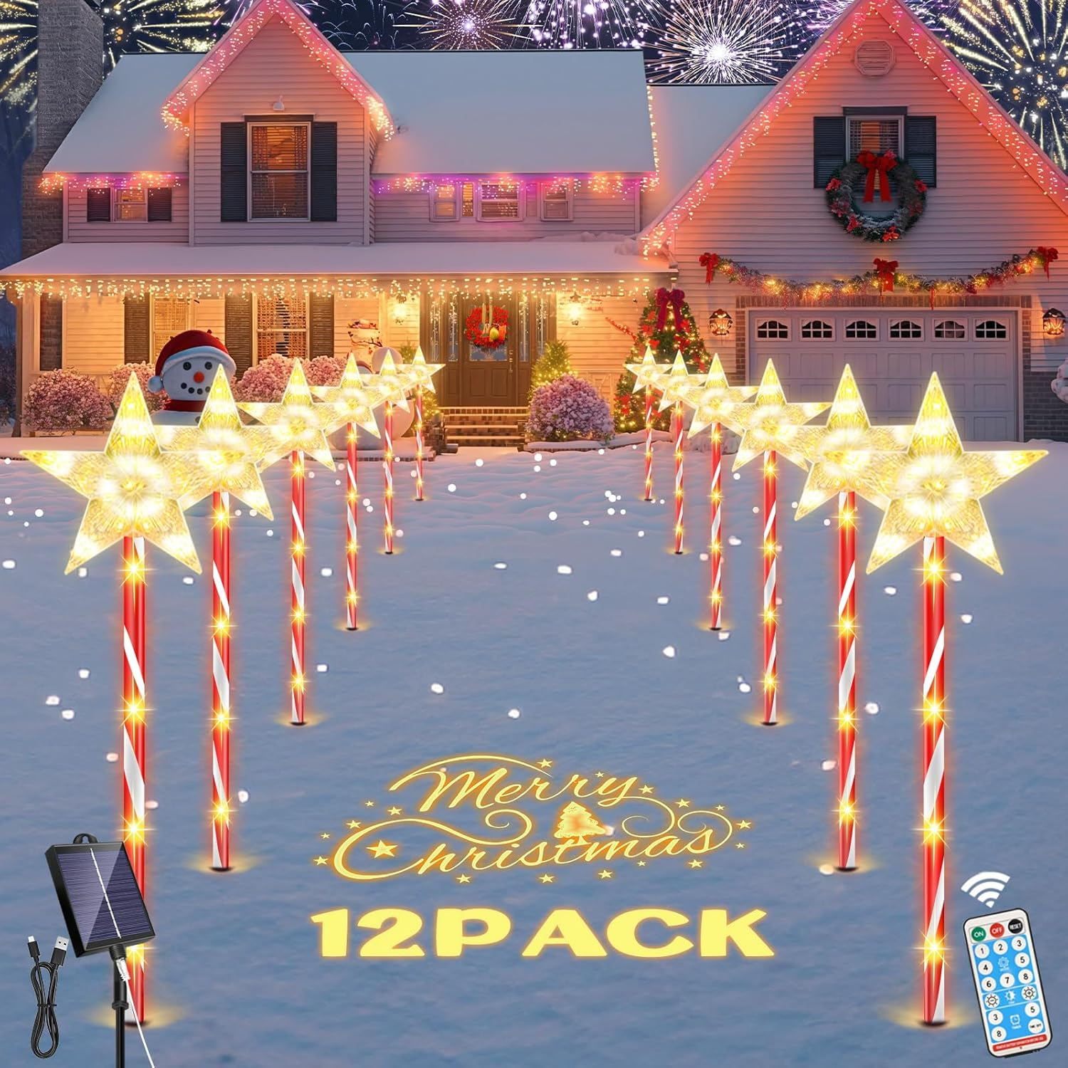 FLSEPAMB 12Pack Solar Christmas Lights Outdoor, Christmas Decorations Outdoor with 8 Modes Timer Remote, Waterproof Outdoor Xmas Lights for Outdoor Xmas Garden Yard Walkway Decor image number 2