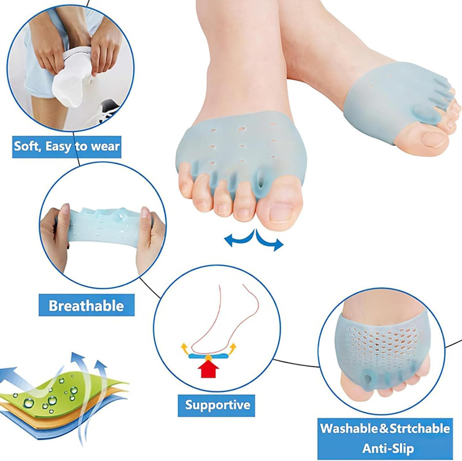 4PCS Hyggear Silicone Toe Separators, Toe Spacers & Metatarsal Pads, Five-Hole Honeycomb Forefoot Pads, Hallux Valgus Corrector, Breathable & Soft, Uniex image number 2