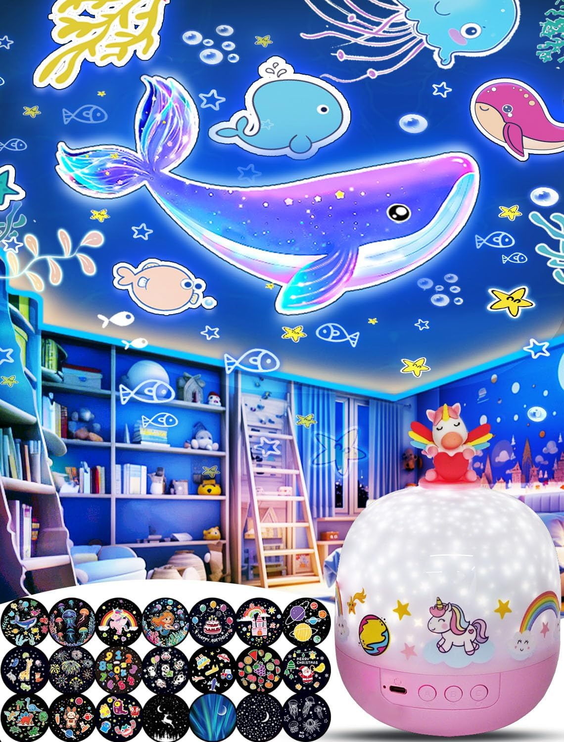 21 Set of Films, Ceiling Kids Light, Unicorn Star Night Light Projector for Kids Room, Night Light Projector for Girls Bedroom Decor, 360&deg; Rotating, Birthday, Christmas, Gifts