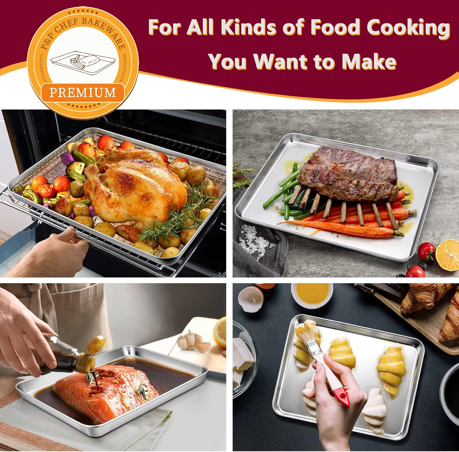 P&P Chef Baking Sheet and Rack Set, 6 Pack (3 Sheets + 3 Racks), 3 Sizes Stainless Steel Baking Pans Cookie Sheets with Cooling Racks for Cooking & Roasting, Oven & Dishwasher Safe, Healthy & Durable image number 4