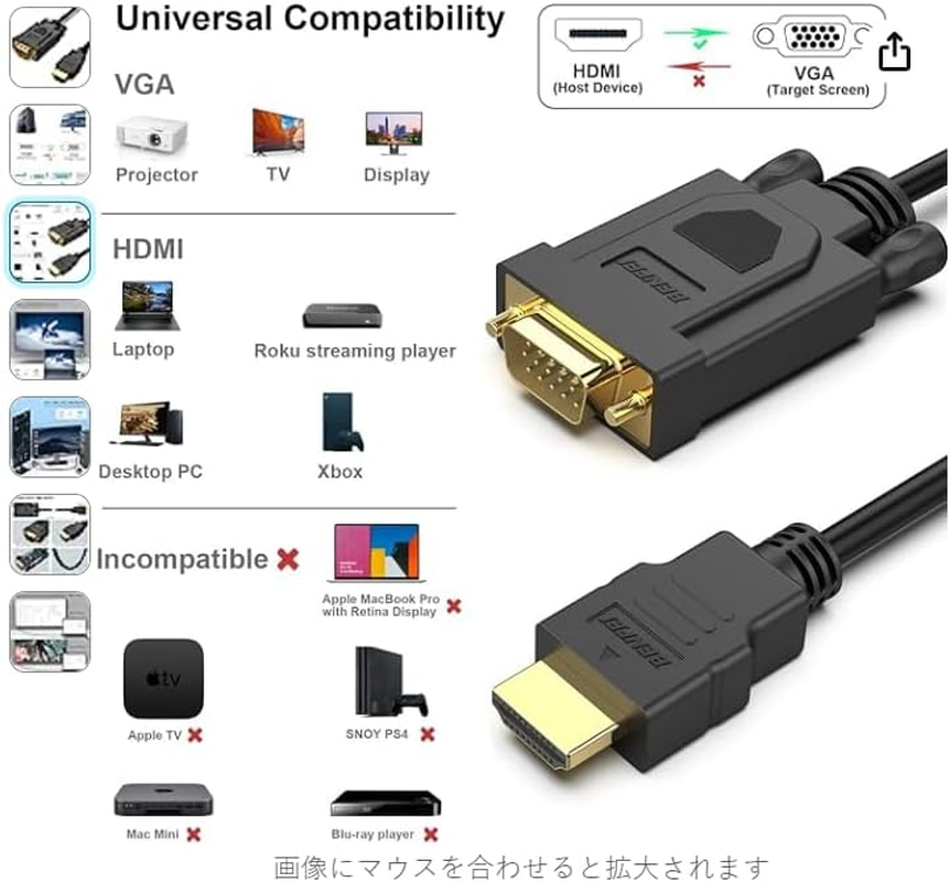 BENFEI HDMI to VGA 6 Feet Cable, Uni-Directional HDMI to VGA Cable (Male to Male) Compatible for Computer, Desktop, Laptop, PC, Monitor, Projector, HDTV, Raspberry Pi, Roku, Xbox and More image number 1