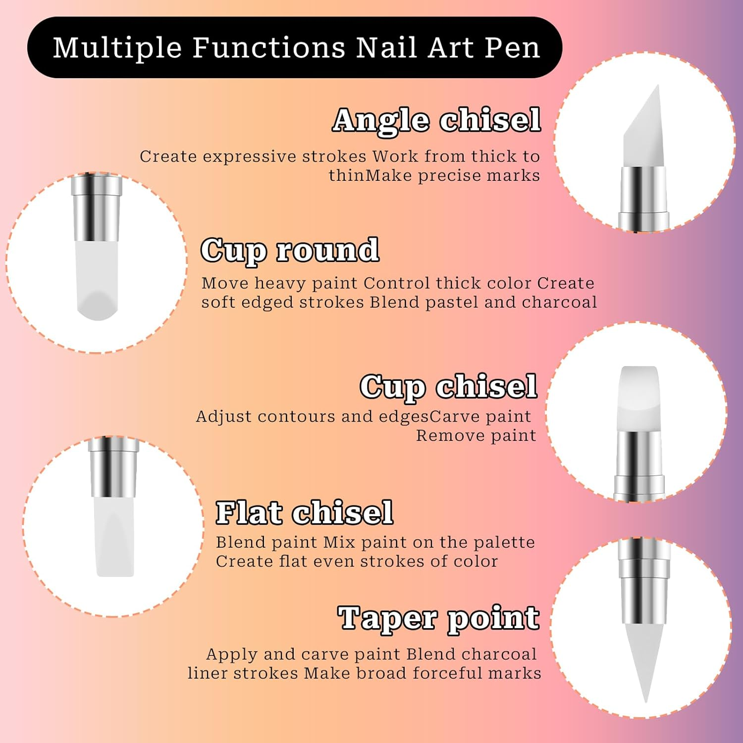 Pack of 5 Nail Art Sculpture Pen with Two Tips Silicone Nail Brush Gel Nail Carving Brush Nail Art Tools for Design, Nail Foil, Drawing, Shaping image number 2
