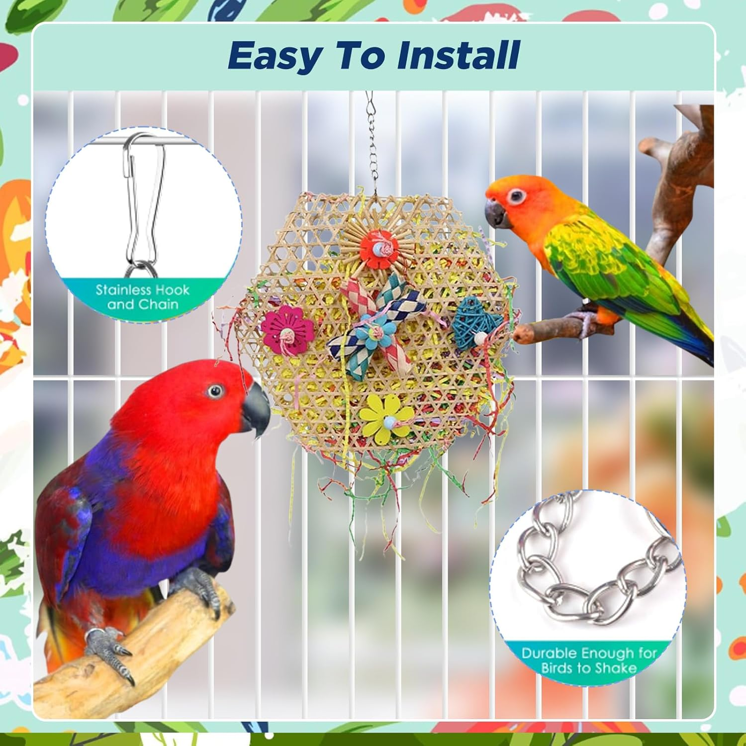 SUSOO 5 PCS Bird Chew Shredding Toys, Natural Foraging Toy with Rope Perch Swing, Interactive Hanging Funny Cage Accessories for Parrot, Parakeets, Budgies,Conures, Cockatiel,Lovebirds and Finches image number 4