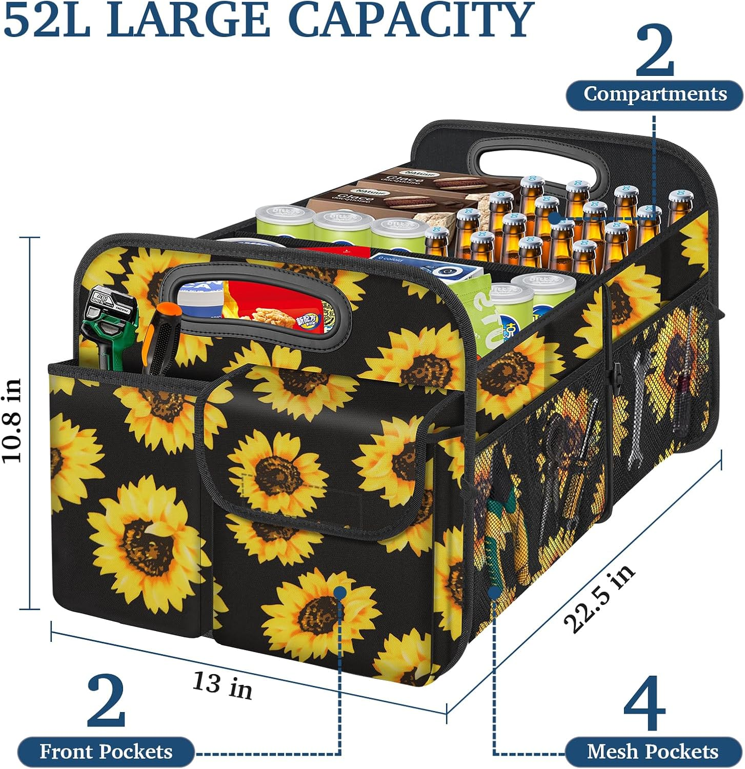 Femuar Car Trunk Organizer, Car Storage Organizer with Large Capacity Waterproof Collapsible Trunk Organizer for Car Suv/Jeep/Sedan (Sunflower, Standard) image number 4