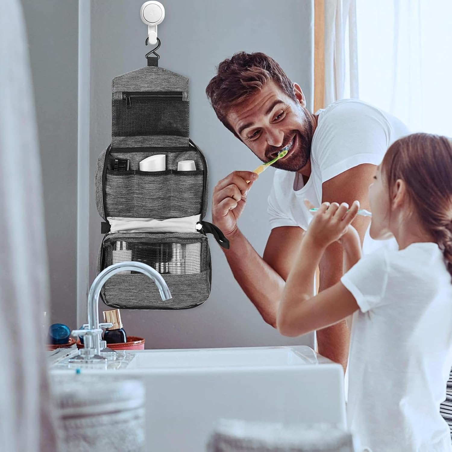 Xoxel Hanging Toiletry Bag with Handles Portable Wash Bag for Camping and Outdoor Wash Organiser + 2 Drawstring Pouches | Dry/Wet Separation Grey