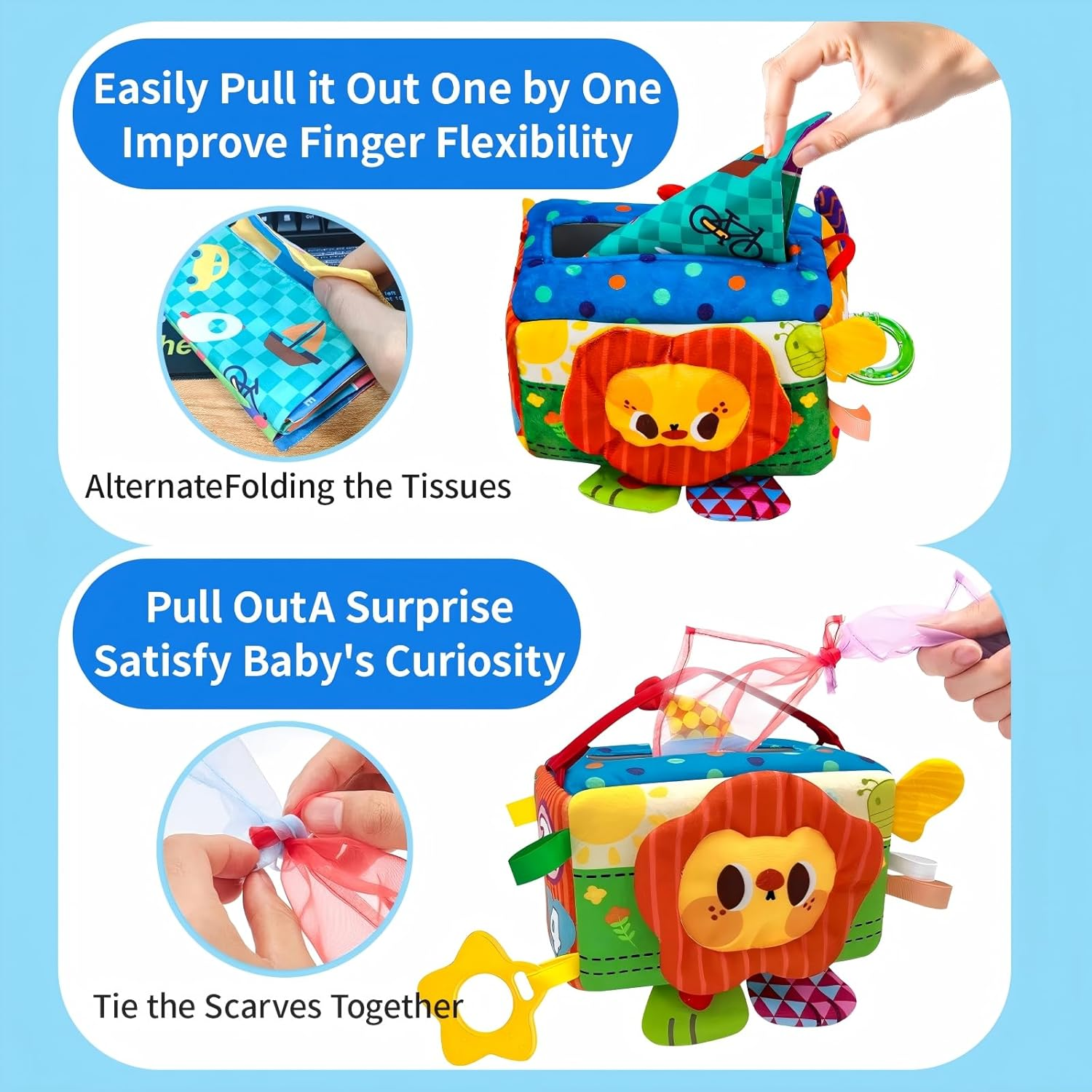 Baby Toys - Baby Tissue Box Toy, Montessori Toys for Toddlers 6-12 Months with Textured Tails, Cloth Tissues, Crinkle, Squeaky Sounds, Mirror - Gifts Play Silks Sensoy Scarves for Babies image number 2