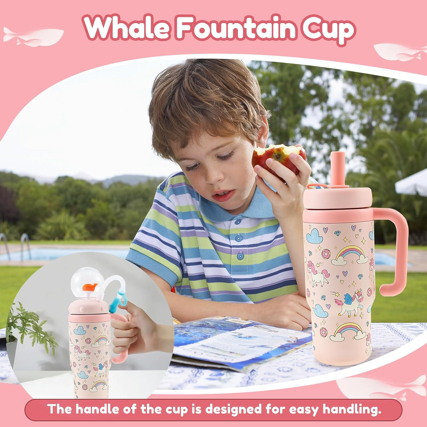 Hnvdkln 24Oz Stainless Steel Whale Fountain Tumbler, Whale Squirt Insulated Travel Tumblers with Lids and Straws, Leakproof Drinking Cup Cute for Kids Teens Adults (Pink) image number 4