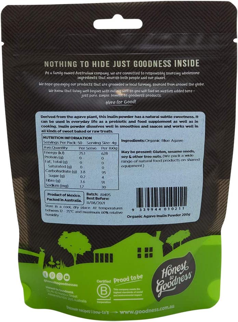 Honest to Goodness, Organic Agave Inulin Powder, 200 Grams - a Natural, Subtle Sweetness. 100% Pure and Natural Fiber. No Anti-Caking Agents or Fillers. image number 2