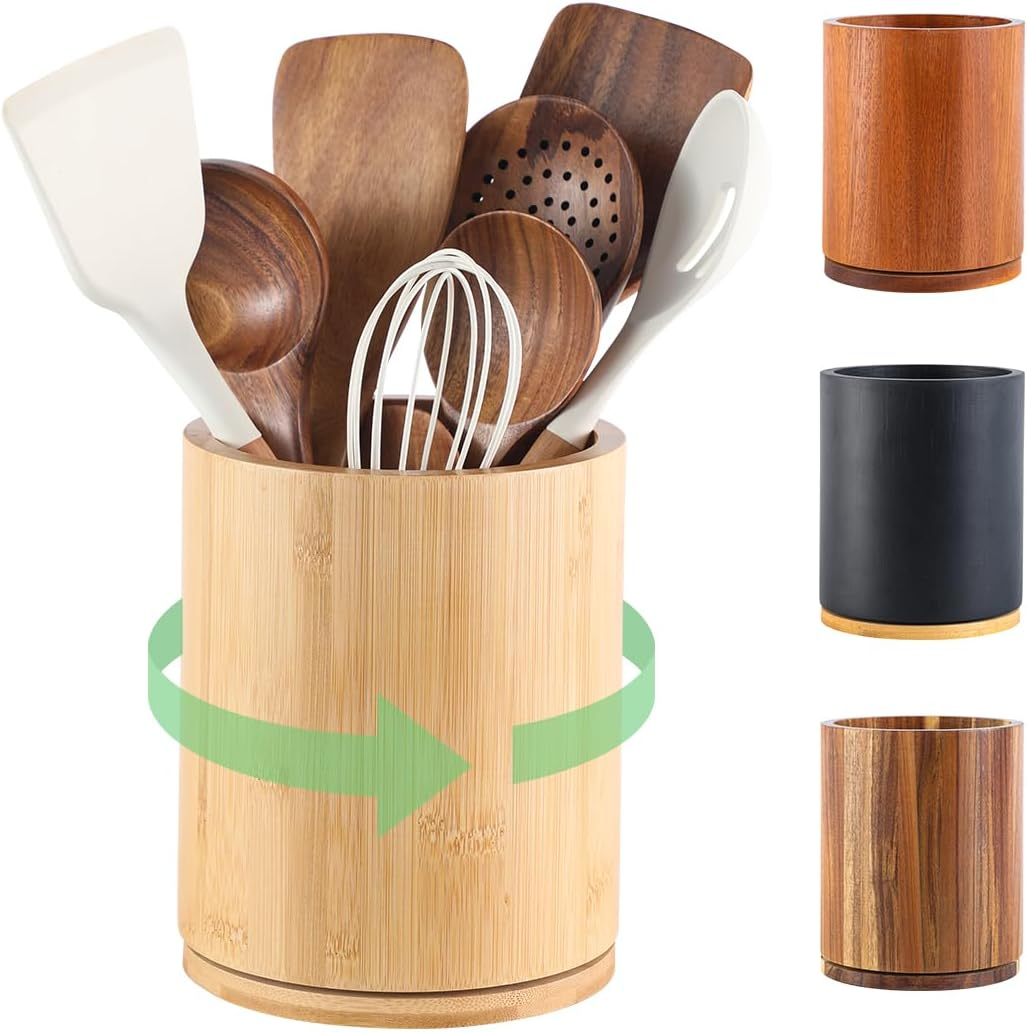Wooden Utensil Holder, 360&deg;Rotating 7.3'' Large Kitchen Utensil Holder for Kitchen Counter, Kitchen Utensil Organizer, Utensil Crock, Farmhouse Kitchen Countertop Decor, Black Color