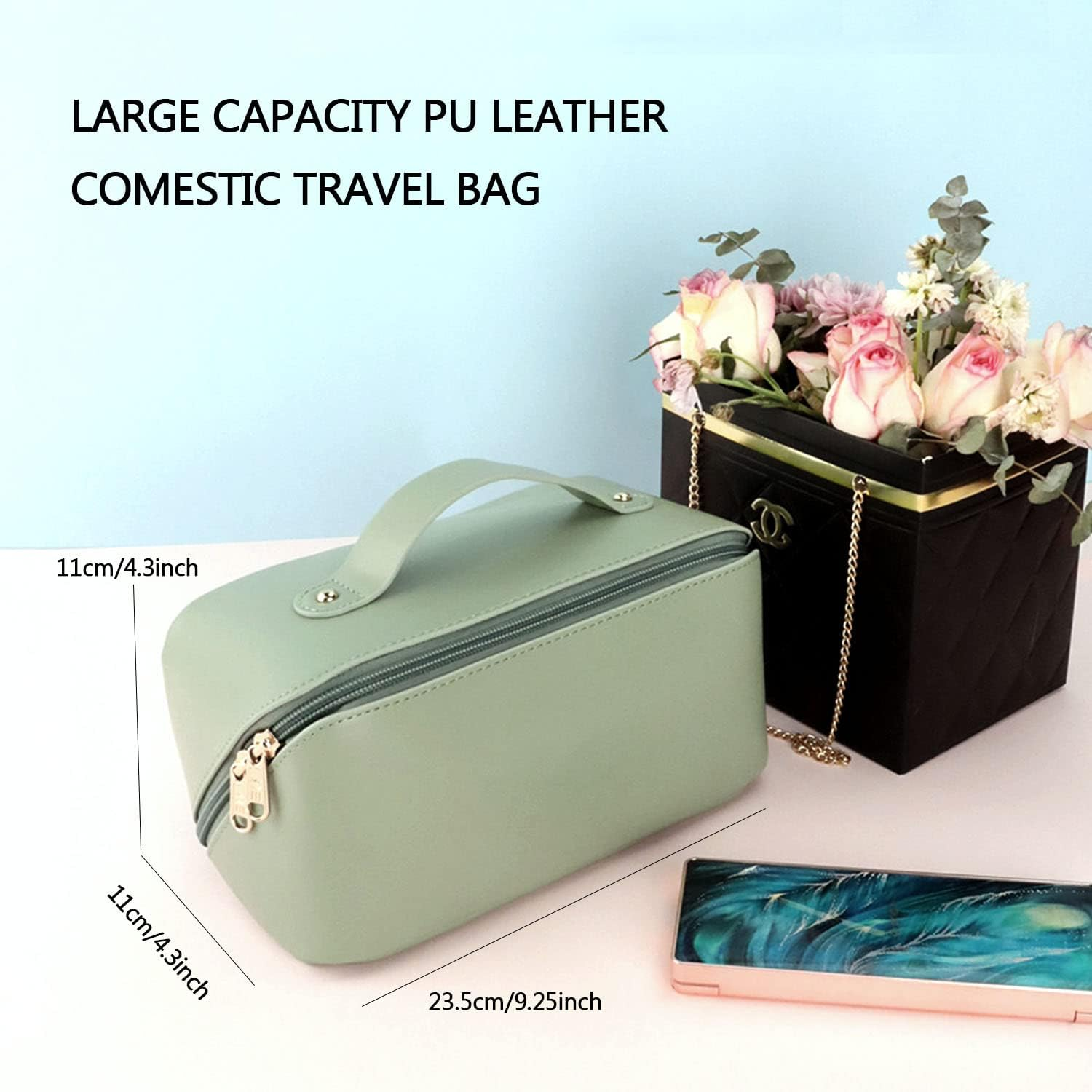 Large Capacity Cosmetic Bag, Travel Cosmetic Storage Bag with Handle, Portable Zipper Cosmetic Bag Toiletry Bag Makeup Bag Large with Compartments for Women Girls, Green, Large Capacity Cosmetic Bag - Blue image number 4
