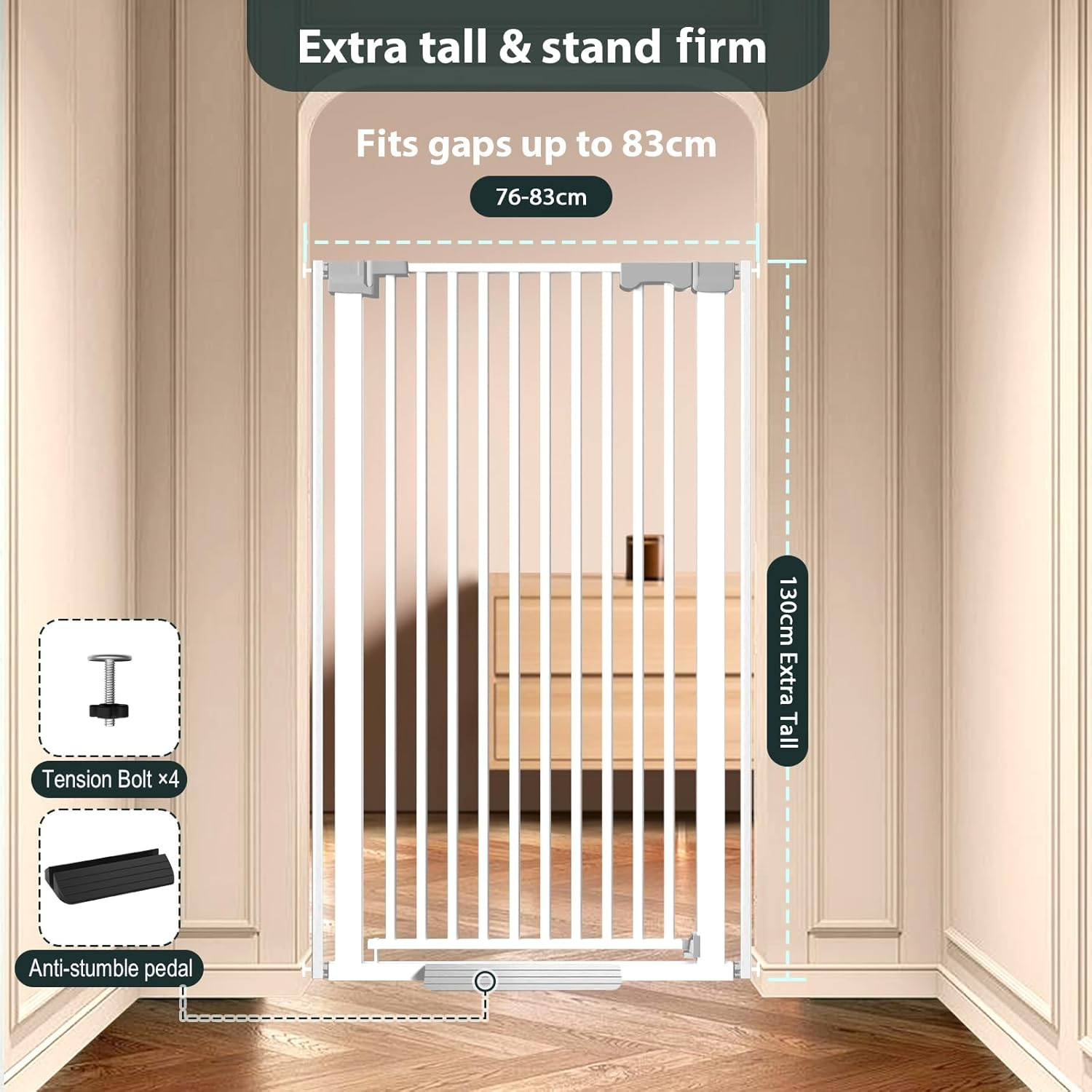 130Cm Extra Tall Cat Gate for Doorway, Auto Close Baby Gate Pet Barrier No Drill, 76-83Cm Widepressure Mounted Dog Gate Indoor(White) - 76-160 Centimeters Wide image number 5