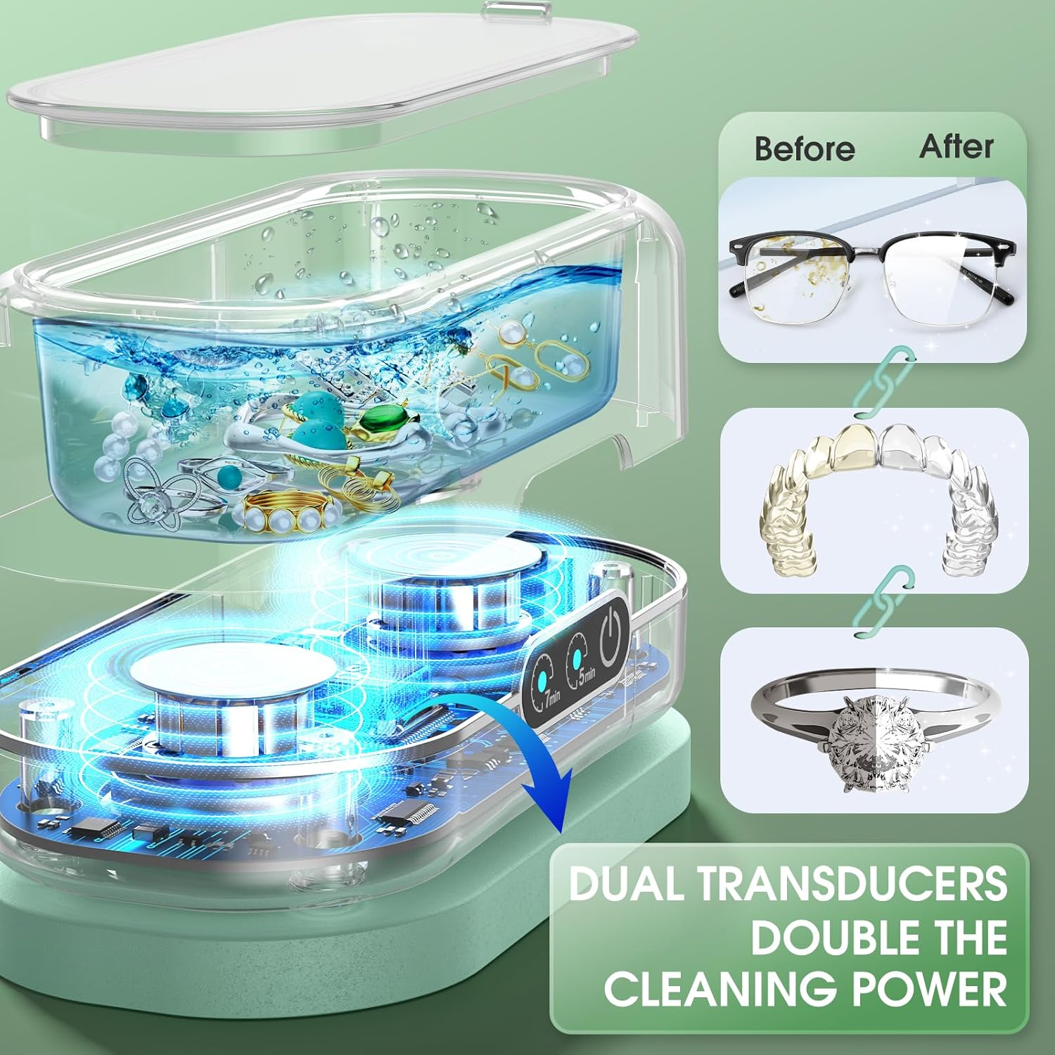 Professional Ultrasonic Jewelry Cleaner with Digital Timer,50Khz Ultrasonic Cleaner Machine with 304 Stainless Steel for Jewelry,Eyeglasses, Rings, Coin, Watch Strap, Dentures, Hygiene Items (Blue) image number 4