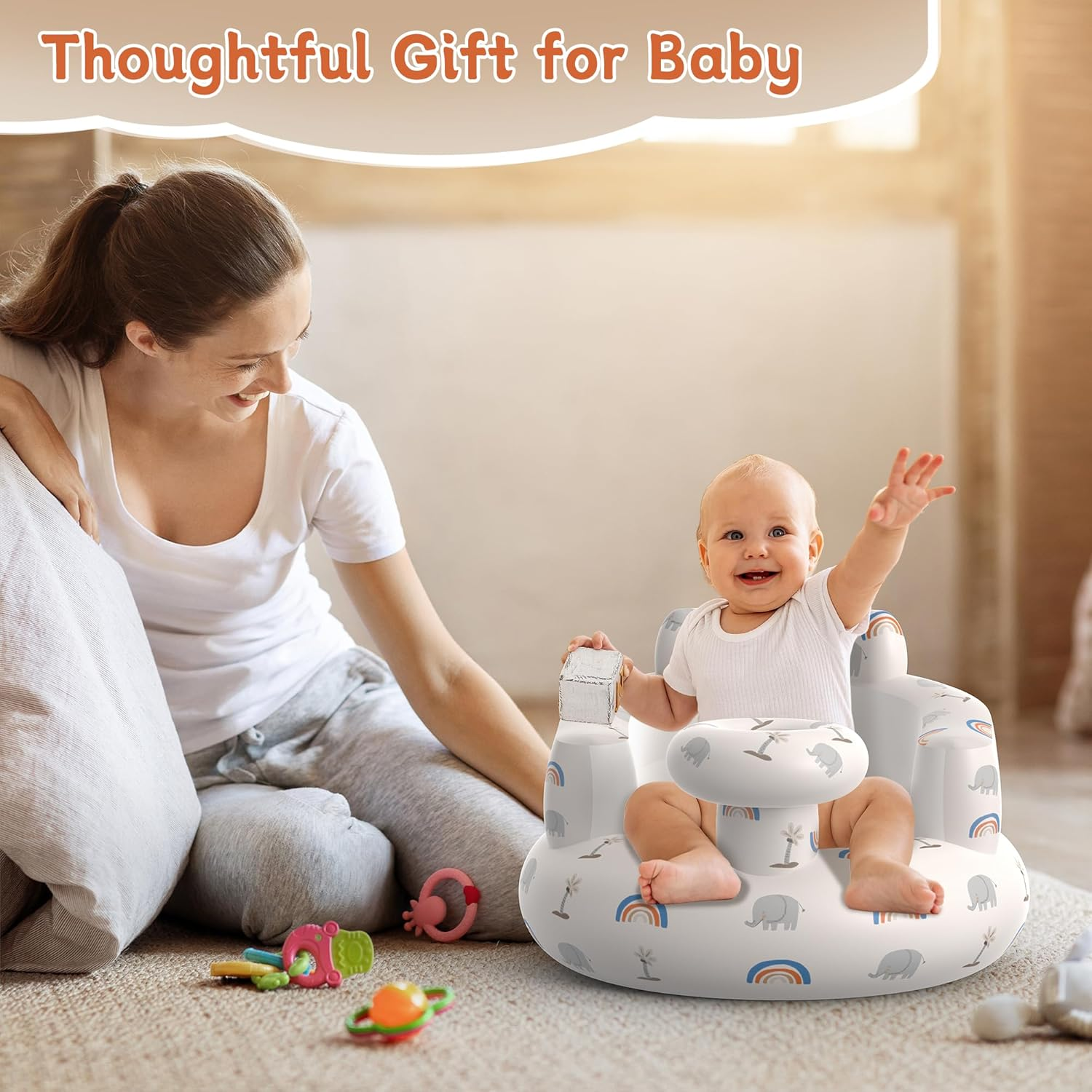 Inflatable Baby Floor Seat, Suitable for 3 Months and Up, Foldable Baby Chair with Built in Air Pump, Portable for Anywhere, Cute Patterns, for Baby