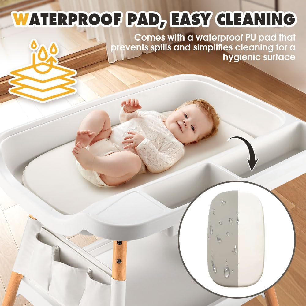 Playpals Baby Changing Table with Wheels, Adjustable Height Diaper Changing Station with Waterproof PU Pad & Storage Organizer, Beech Wood Mobile Nursery Change Table for Newborn & Infant image number 5