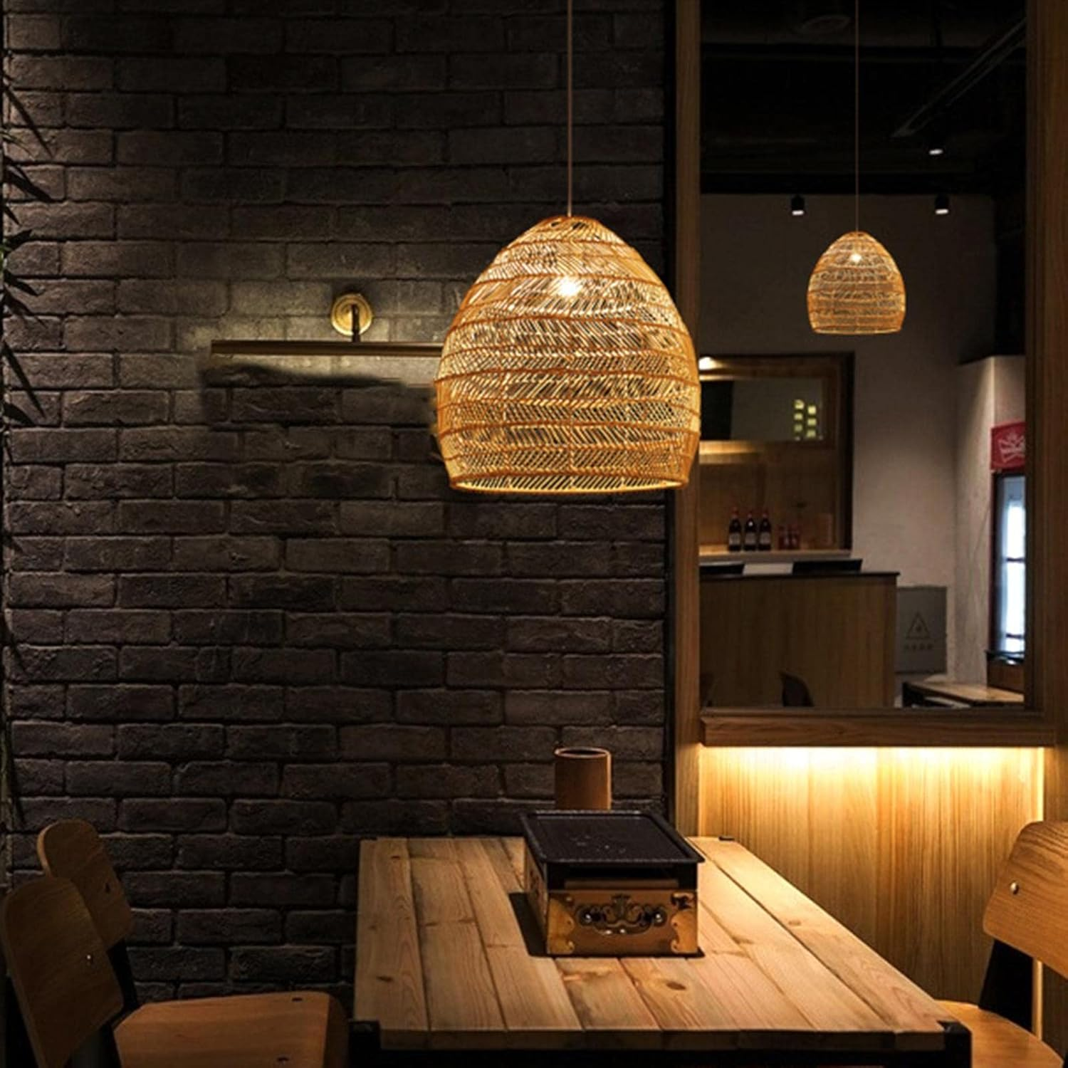 Wyhqgn Japanese Bamboo Pendant Light Shade for Dining Room Lighting Fixtures Hanging Lampshade, Woven Rattan Lampshade for Bar Cafe Living Room, Brown - Brown image number 4