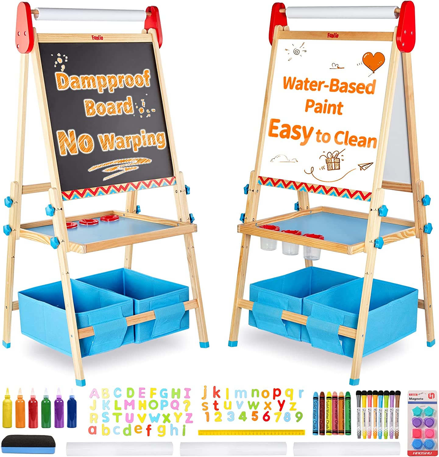 FUNLIO Art Easel for Kids Aged 2-8, Anti-Warp Board & Erasable Frame, Toddler Painting Easel with Magnetic Chalkboard/Whiteboard, 3-Level Height Adjustable, All-In-One Standing Easel with Paper Roll