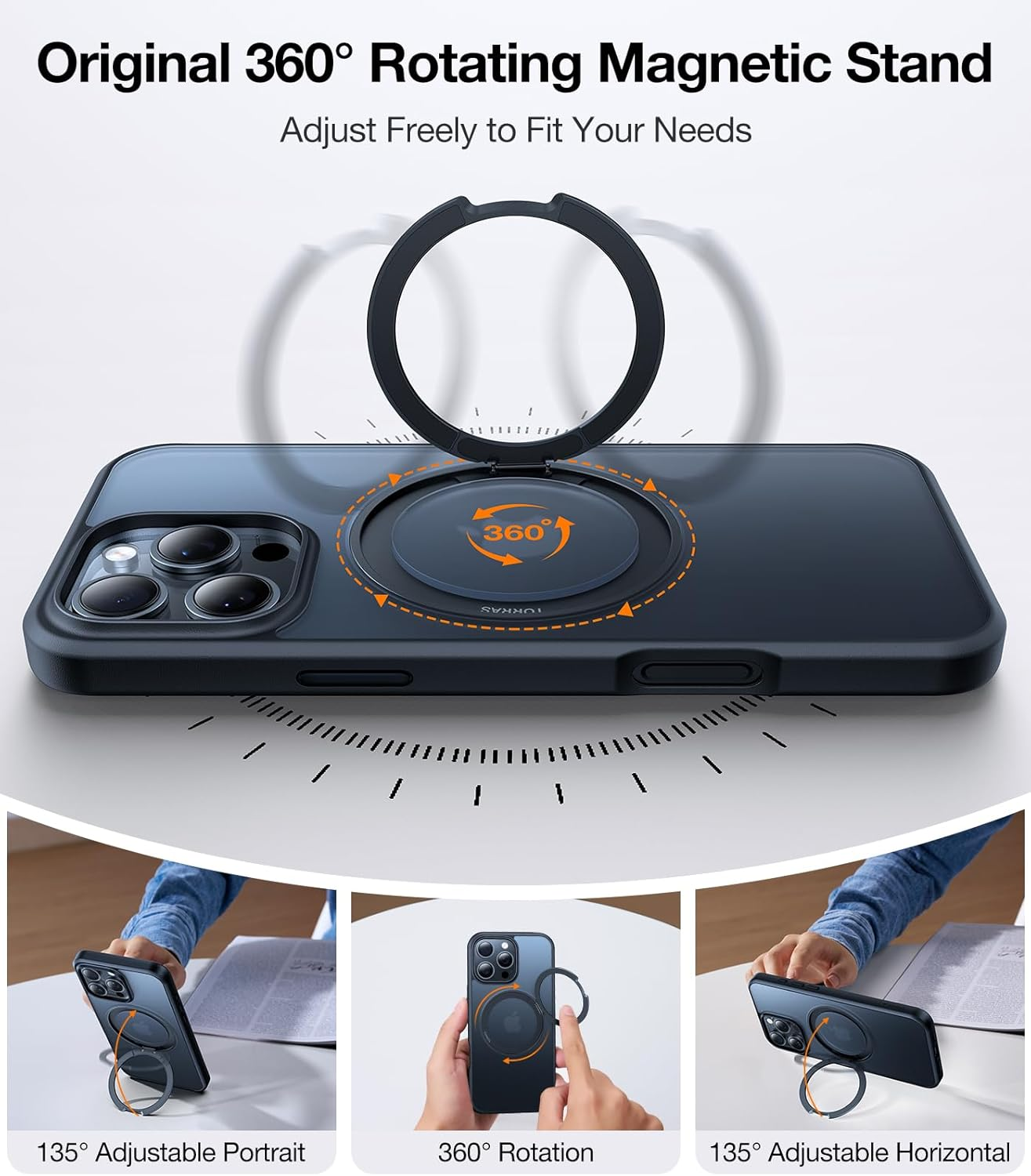 TORRAS 360&deg;Rotatable Magnetic Ring for Iphone 16 Pro Case, Fit for Magsafe with Stand & Ring Holder, 16FT Military Grade Shockproof Translucent Back for Iphone 16 Pro, Black