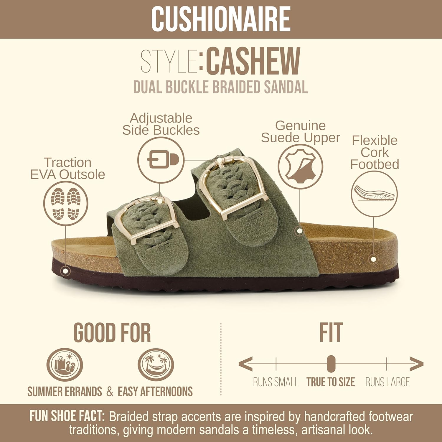 CUSHIONAIRE Cashew Slip on Suede Womens Sandals - Braided Double-Strap Design with Adjustable Big Buckle Sandals for Women image number 3