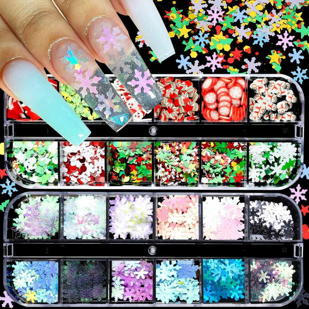 Snowflake Nail Glitter Sequins, 2 Boxes Christmas Nail Art, Holographic Christmas Nail Art Sequins for Snowflake Glitter DIY Decoration