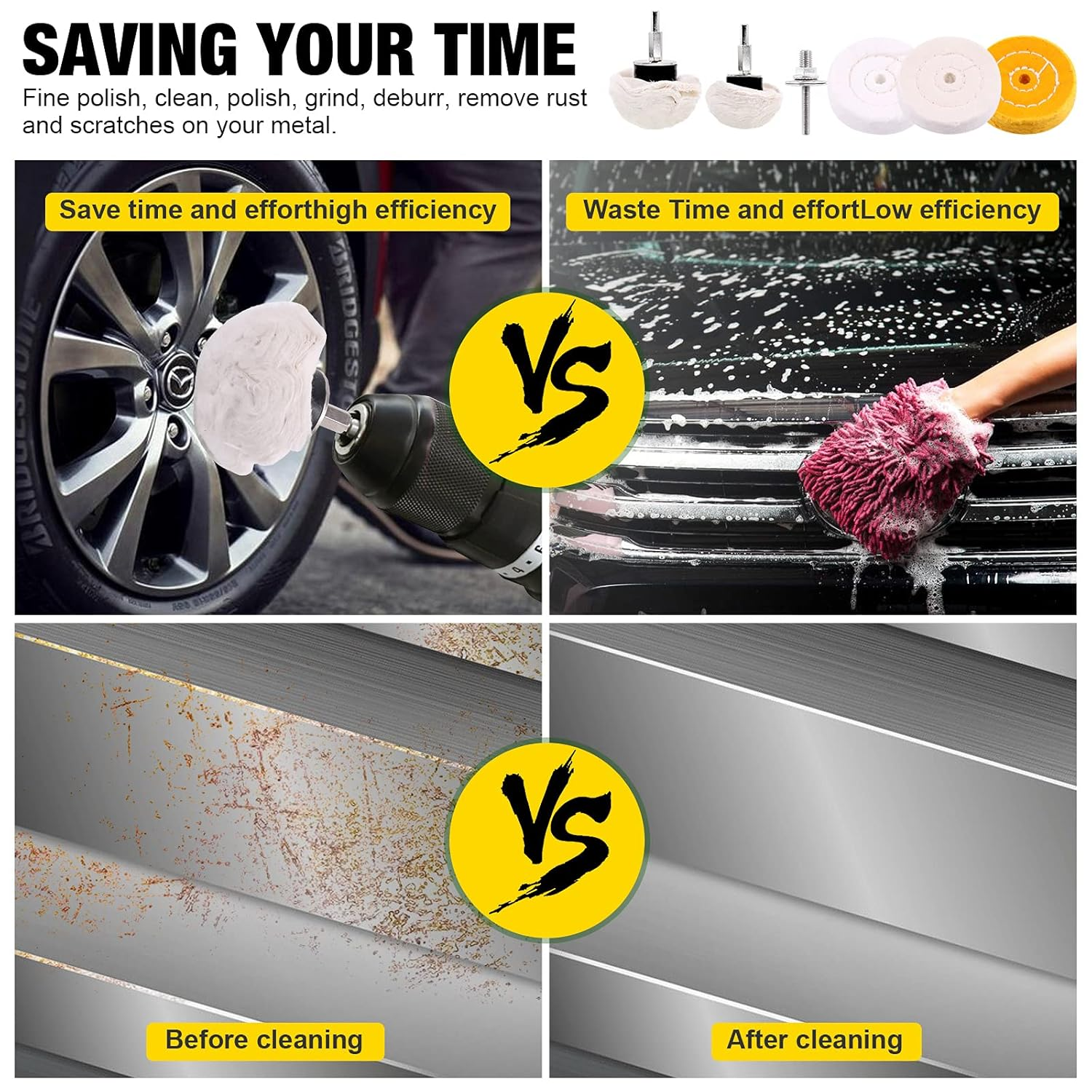 Mardatt 8 Pcs 3'' Buffing Polishing Wheels Set Including Yellow (36 Ply)/White(50 Ply)/ Flannel(30 Ply)/Mushroom Shaped Wheel with 3/8" Arbor Hole, Polish Compound and 1/4&rsquo;&rsquo; Mandrel for Drill