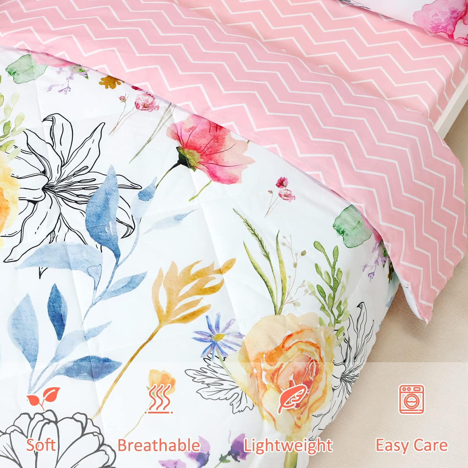 Toddler Bedding Sets for Girls, 4 Piece Soft Crib Bedding Set, Flower Toddler Girl Bed Comforter Set, Includes Watercolor Floral Series Comforter, Fitted Sheet, Flat Sheet and Pillowcase