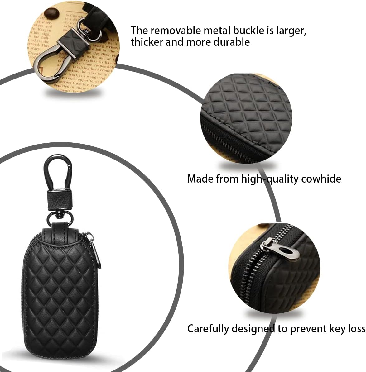 BELOMI Car Key Case, Genuine Leather Remote Key Fob Cover, Keychain Holder with Metal Hook, Universal Vehicle Keyring Zipper Bag (Coffee) image number 3